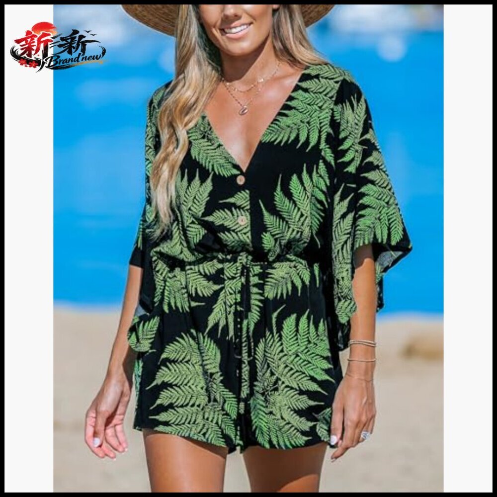 Polyester Romper with V-Neck and Tie Waist for Summer Beach Wear - Picture 4 of 6